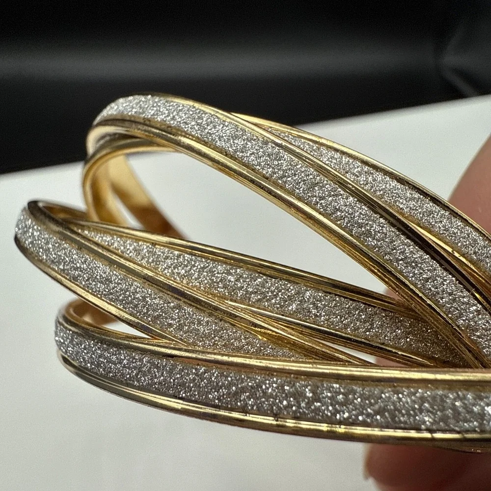 Bangle Bracelet 5 Linked Layers Size 7 Faux Druzy Inlay Gold Tone Disco Style